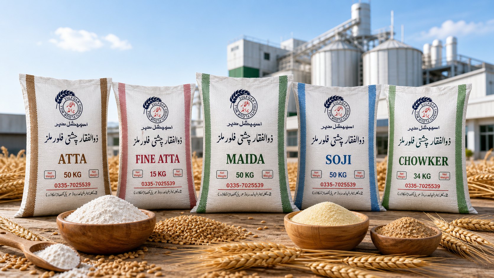 Realistic Zulfqar Chishti Flour Mills Atta, Fine Atta, Maida, Soji and Chowker bags with Urdu branding ending in ملز